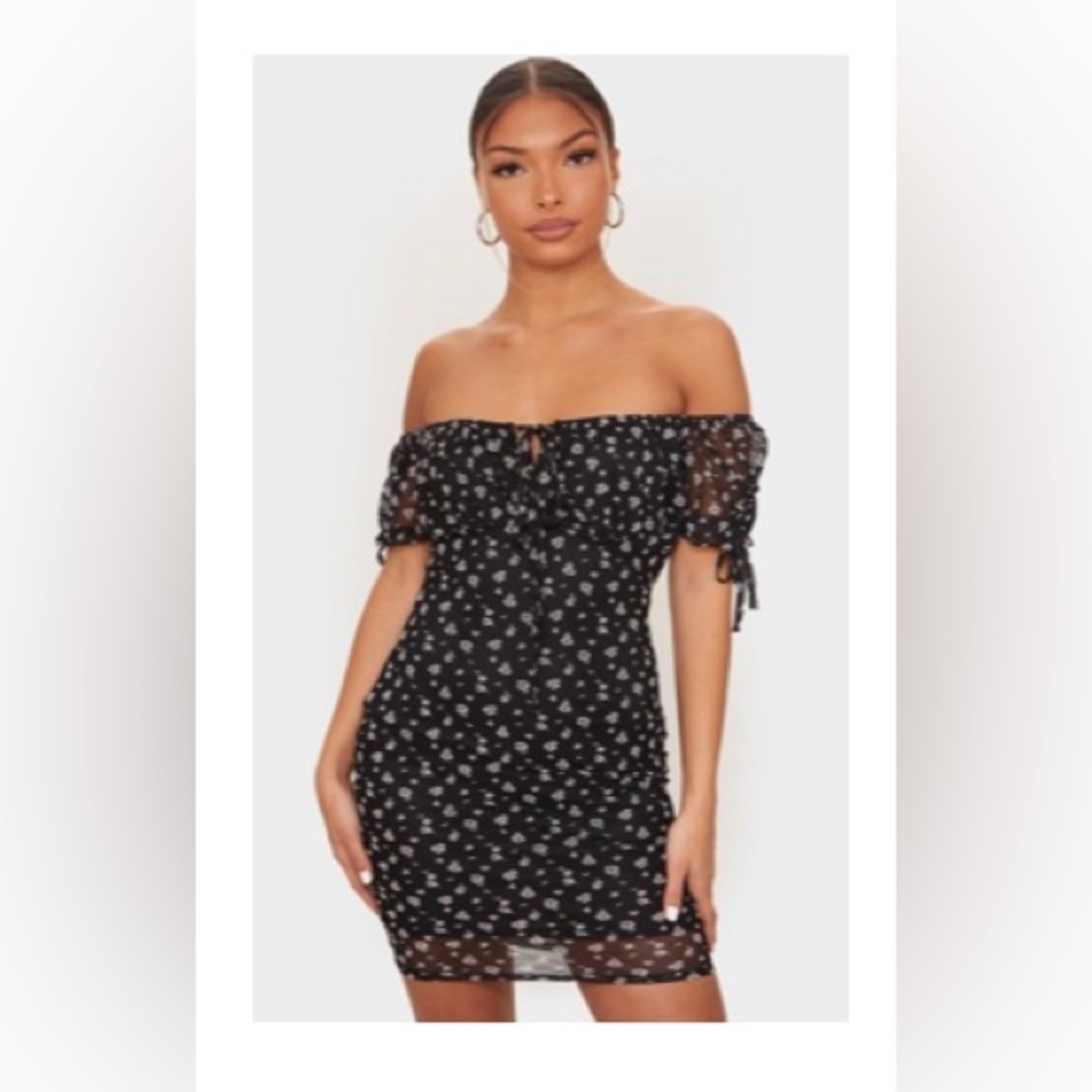 Black Floral Print Mesh Tie Front Bodycon Dress